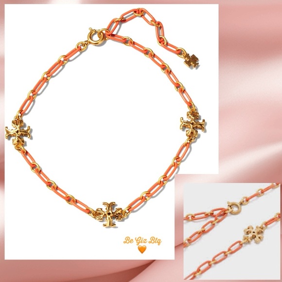 Tory Burch Authentic Roxanne 18K-Gold-Plated & Coral Acrylic Logo Chain Bracelet